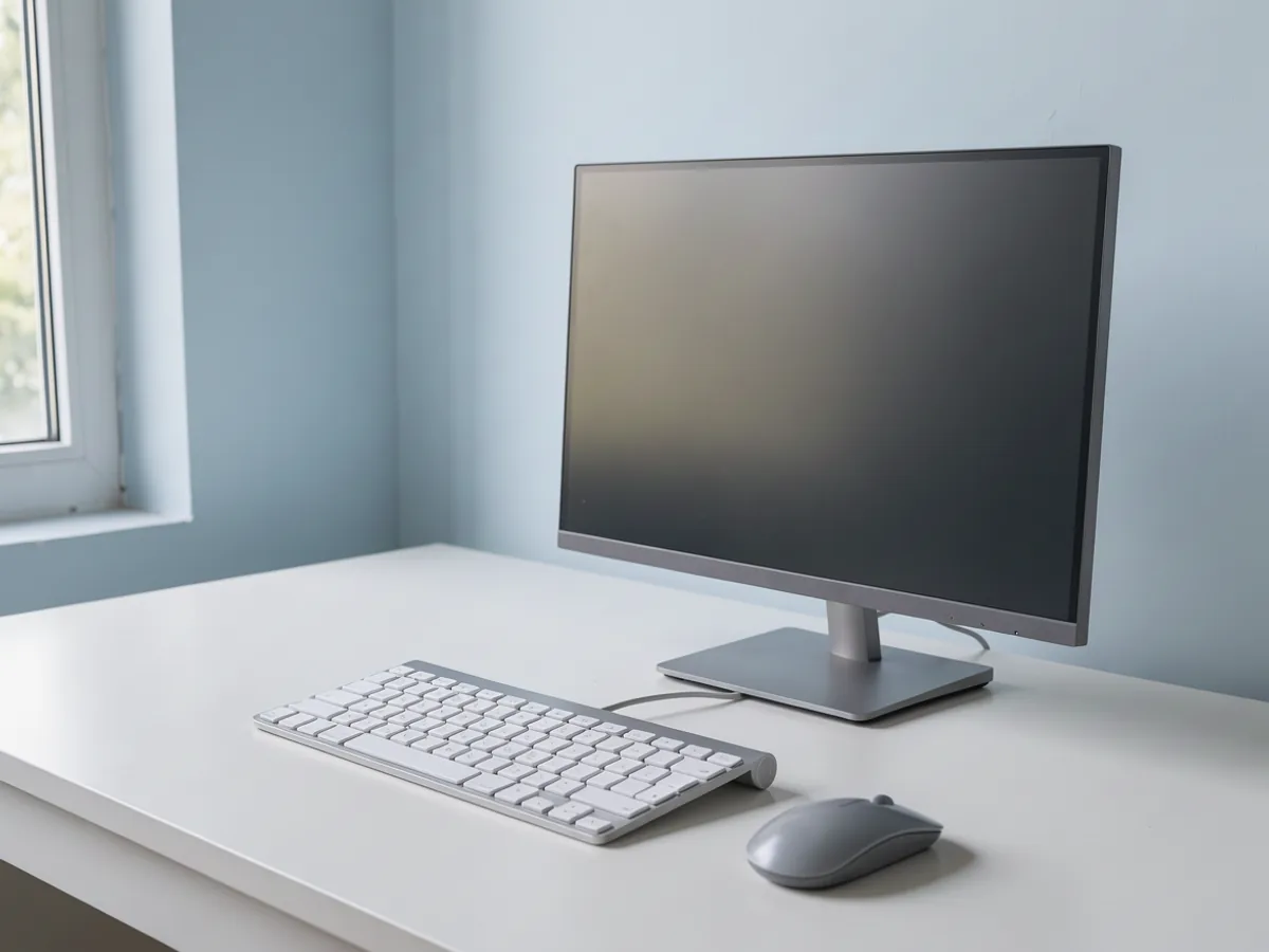 An empty desk with an unmarked keyboard and a completely blank monitor.