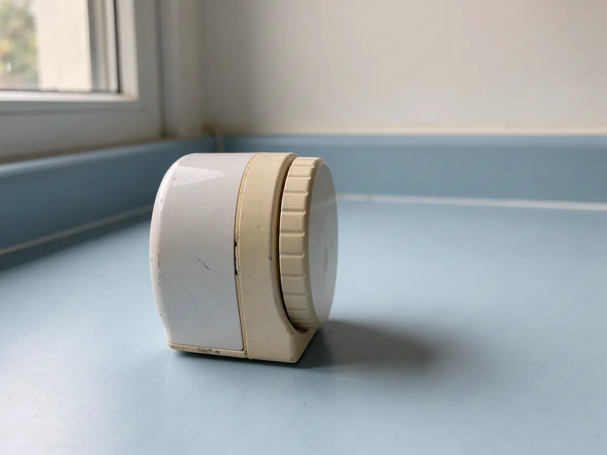 A small mechanical kitchen timer on a bare pale-blue counter.